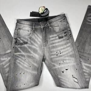NEW TULONES men’s paint splash two-hole denim skinny jeans in grey